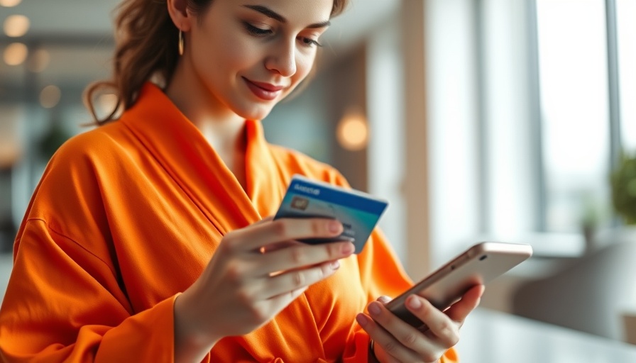 Woman considers airline credit card benefits with smartphone.