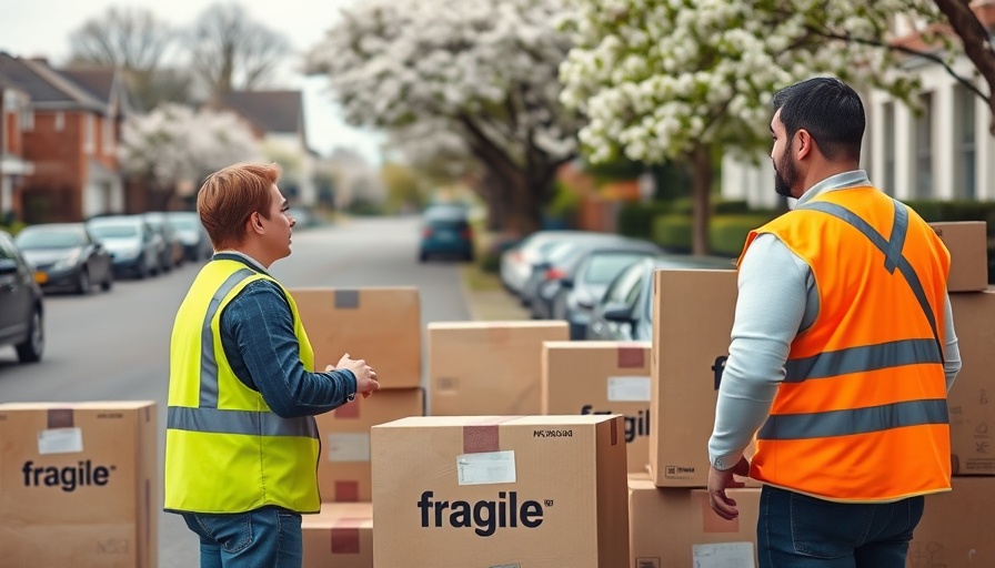 Movers discussing logistics on a suburban street with boxes.