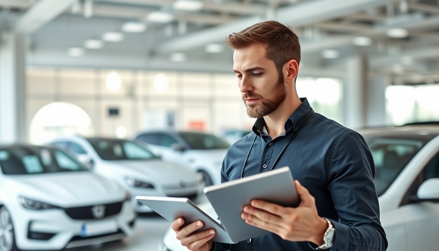 Professional reviewing tablet in car showroom, types of cars for businesses.