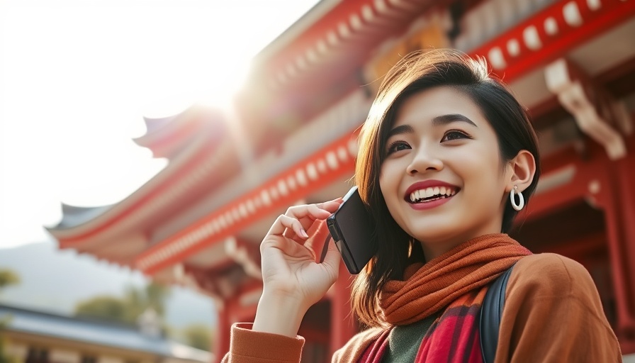 Joyful woman in front of Japanese temple talking on phone.