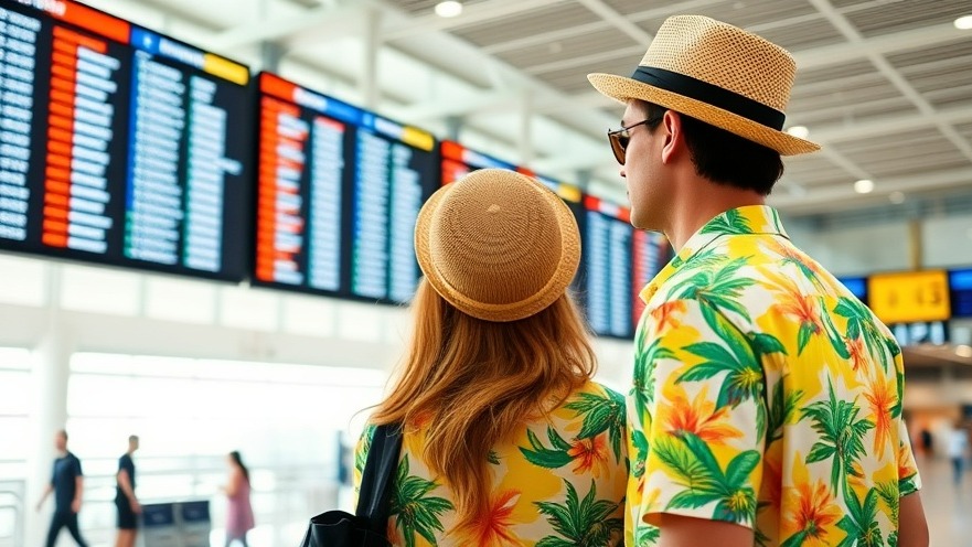 Couple in tropical shirts checking flight boards, ideal for Memorial Day travel tips.