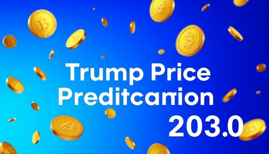 Trump Price Prediction 2030 text with floating coins and blue background