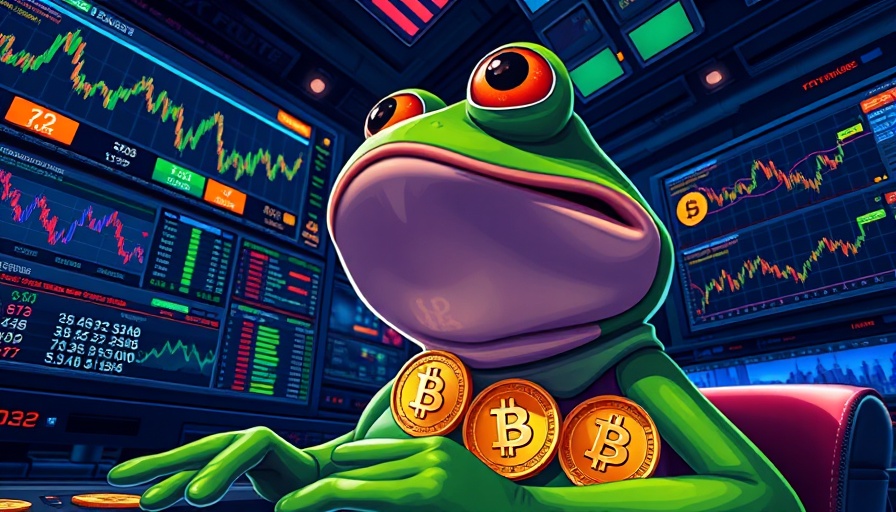 Pepe observing cryptocurrency market trends, digital illustration.