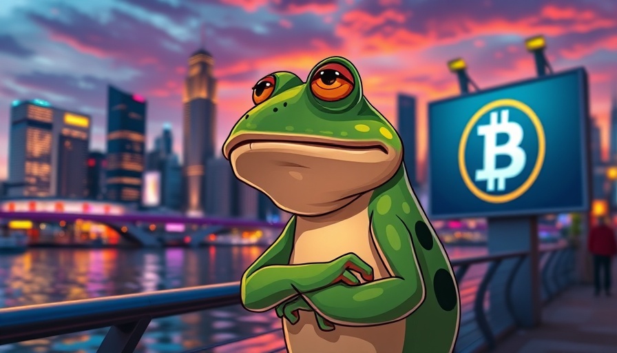 Bitcoin meme ICO featuring cartoon frog at sunset by cityscape.