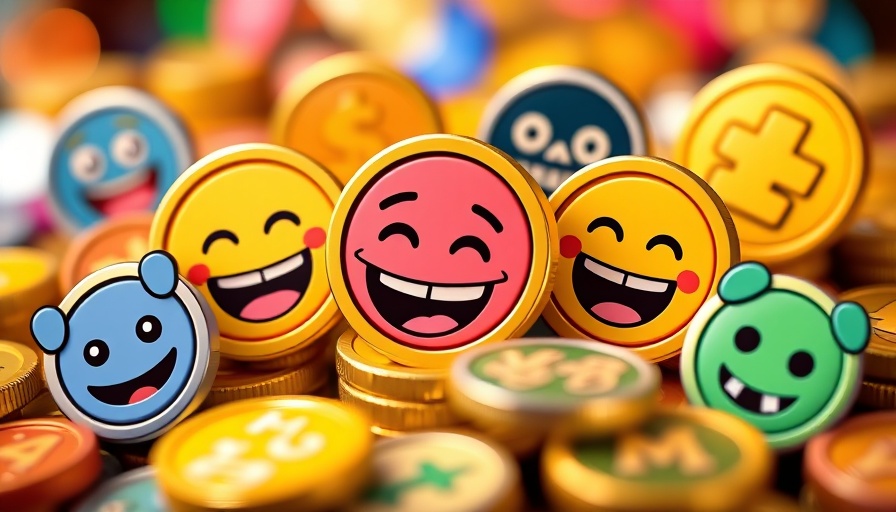 Colorful digital memecoins icons illustrating memecoins' impact on crypto adoption.