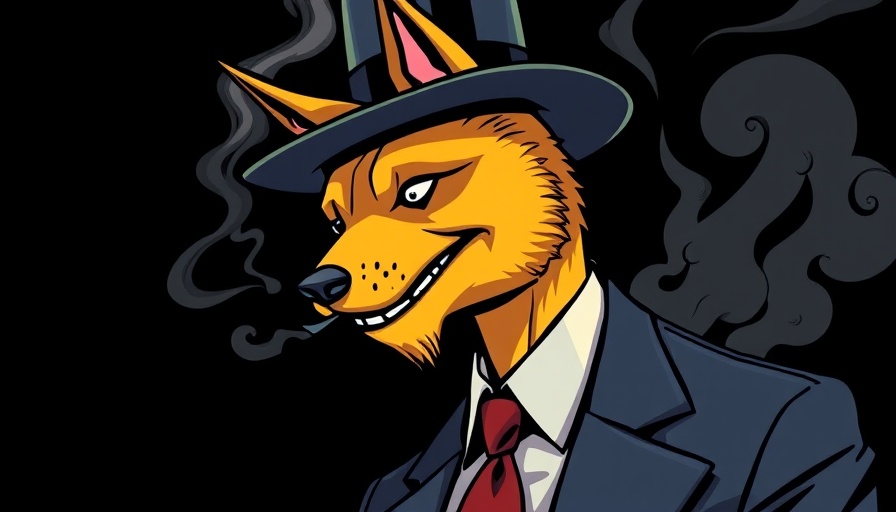 Stylized cartoon man with Doge mask and pin smoking, pop art style.