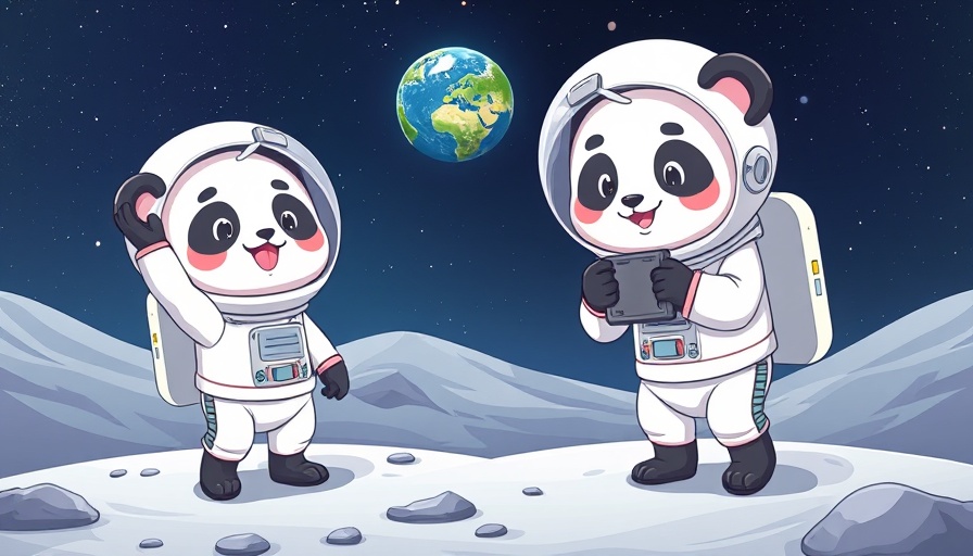 Pandas on moon exploring in astronaut suits, cartoon style.