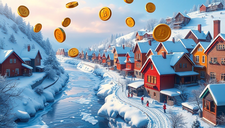 Illustration of snowy village with meme coins floating.