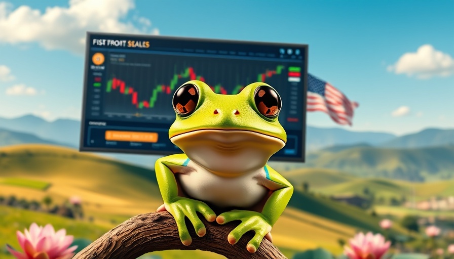 Vibrant frog on branch with crypto screen and US flag in the background.