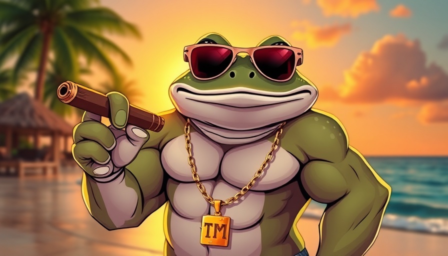 Cartoon frog on beach with Bitcoin Pepe Meme Coin Investments theme.