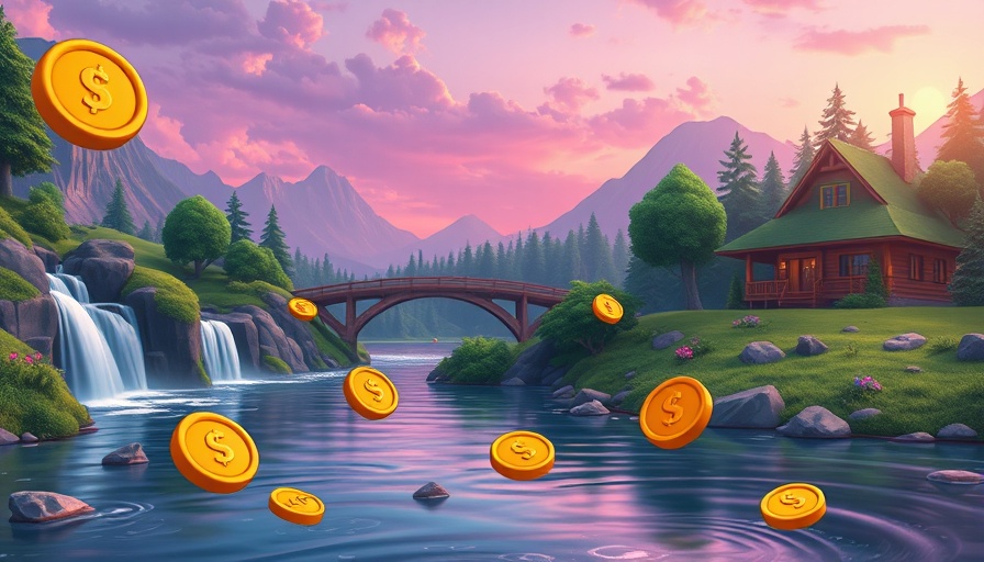 Cartoon landscape with meme coins and sunset sky, Best Meme Coin to Buy