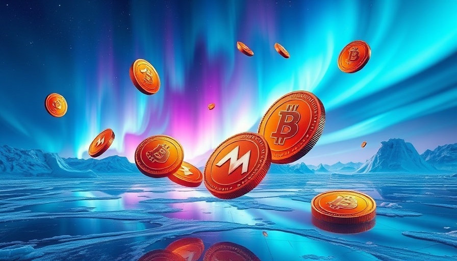 Vibrant meme coins floating in icy landscape, colorful aurora backdrop.