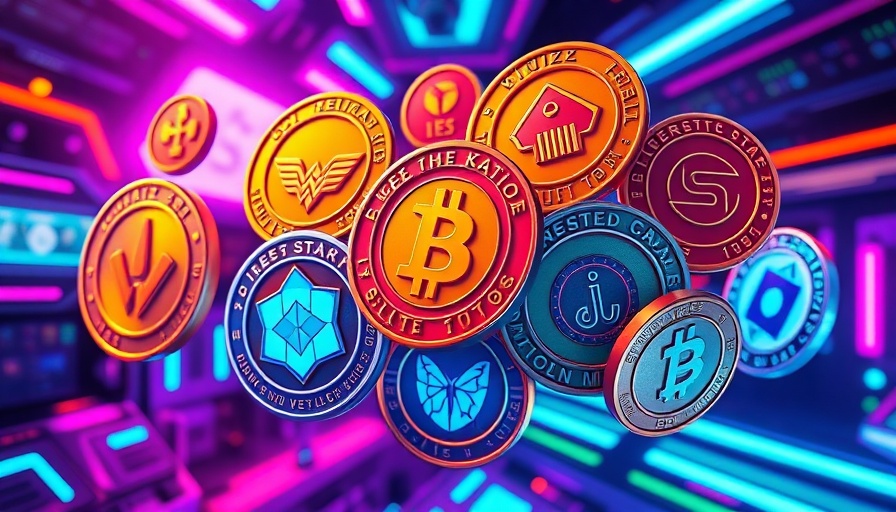 Futuristic digital meme coins floating in neon space, vibrant colors.