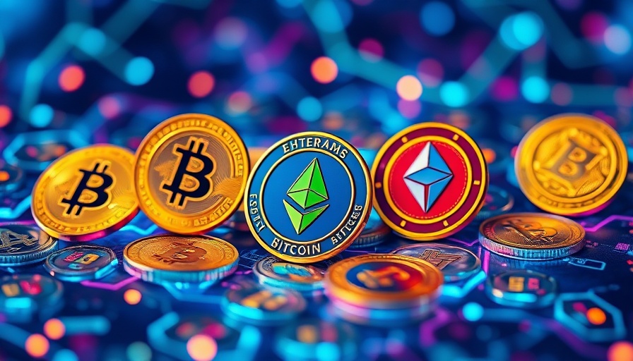 Futuristic digital coins concept representing meme tokens.