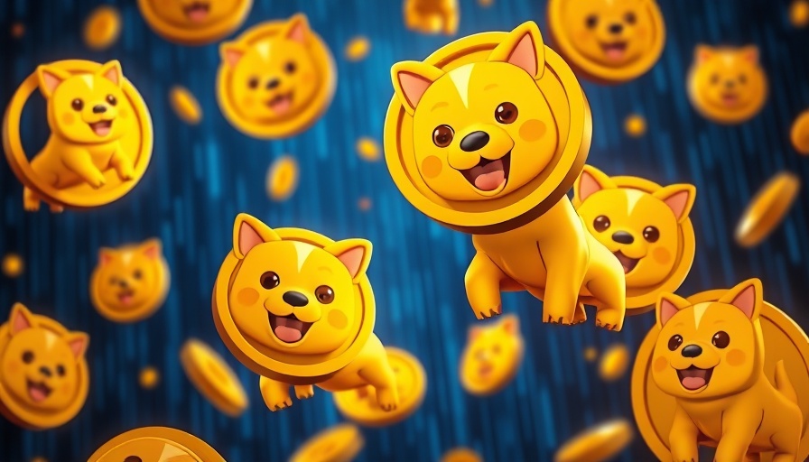 Golden meme coins with dog faces on blue digital background.