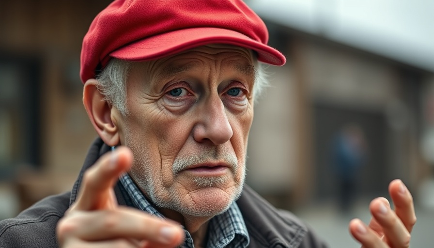 Prominent figure with red cap making announcement outdoors.