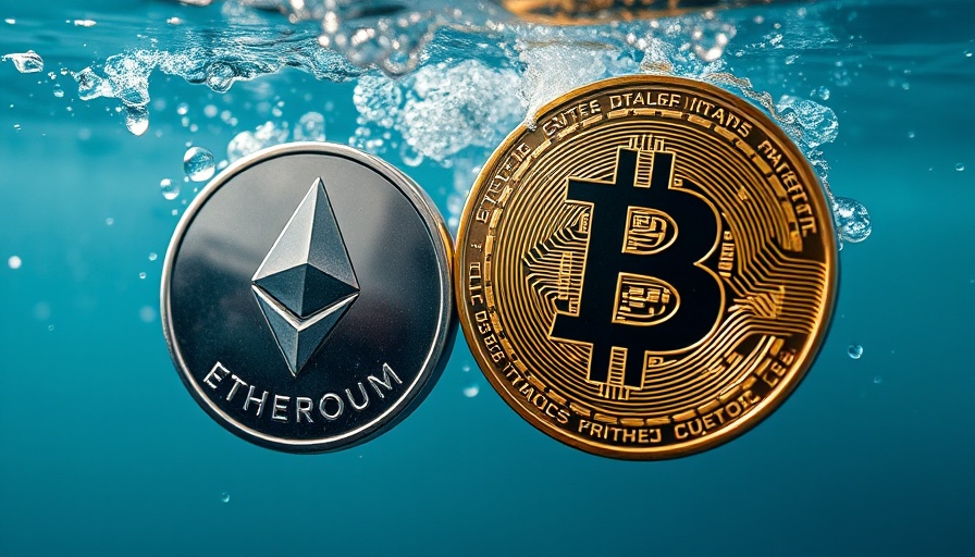 Ethereum and Bitcoin submerged in water with bubbles and ripples.