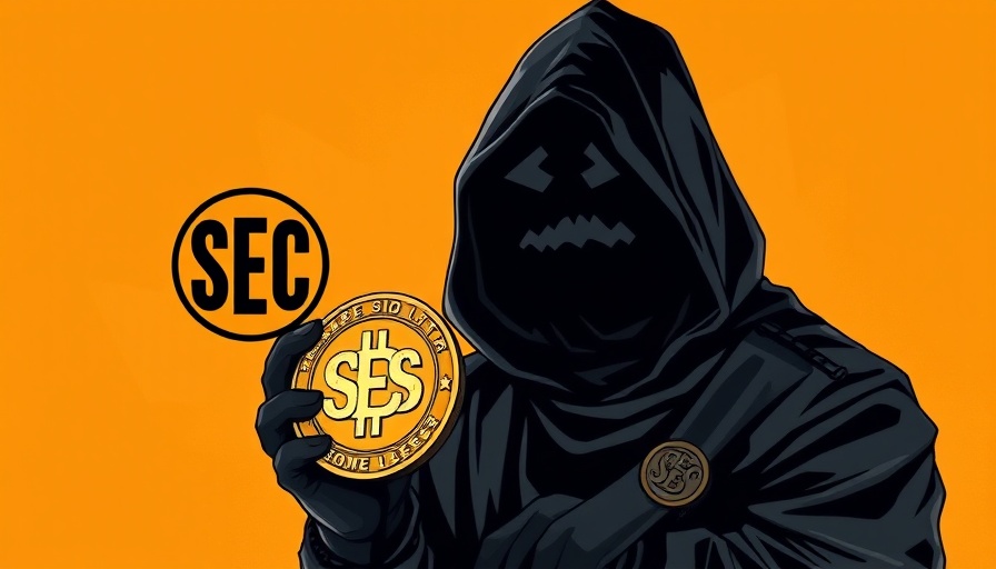 Dark hooded figure holding a memecoin in abstract digital art with SEC emblem