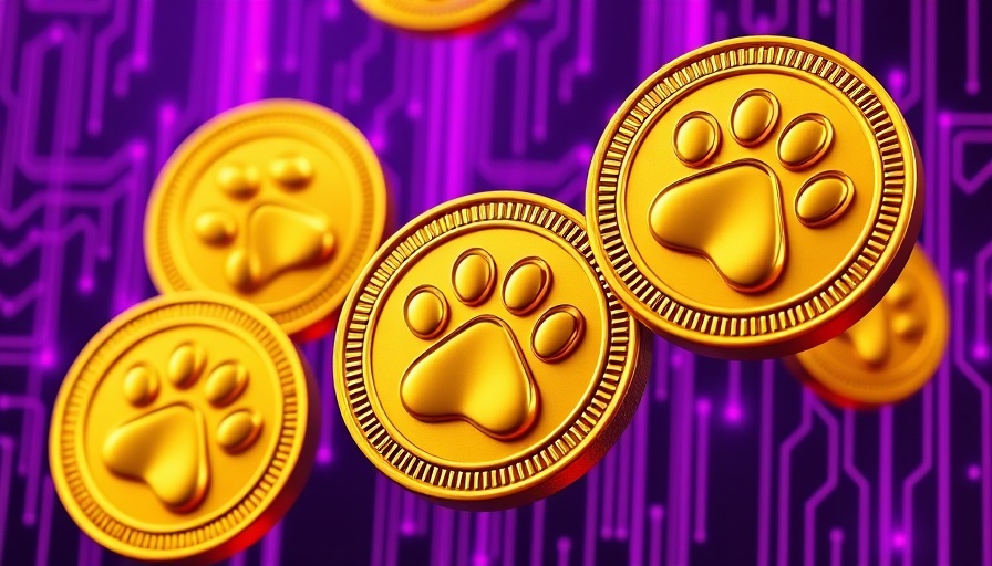 Golden meme coins with paw prints floating on a digital purple background.