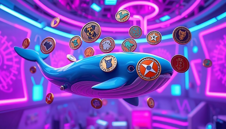 Futuristic digital scene with meme coins and a stylized crypto whale.