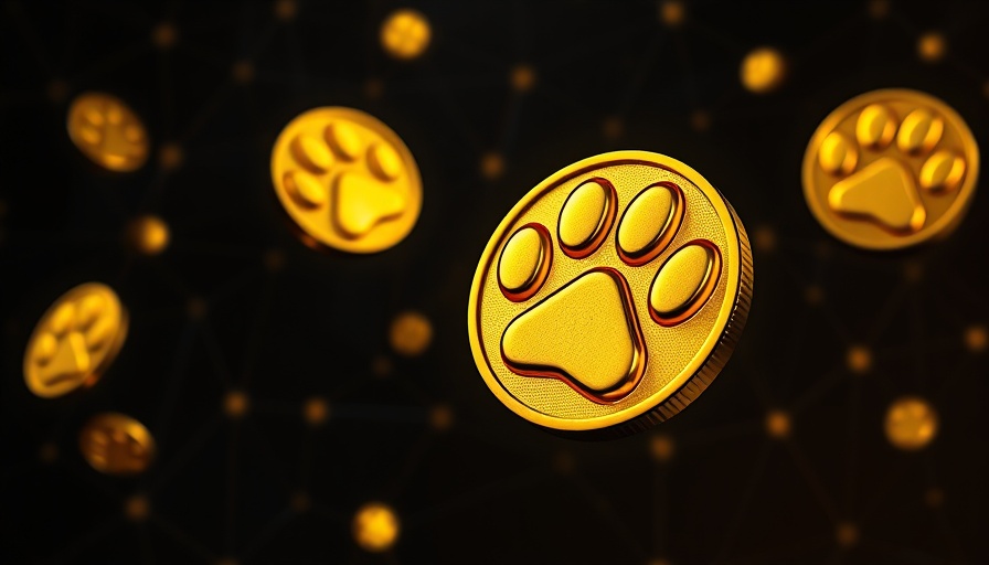 Golden paw coins floating on a dark abstract background.