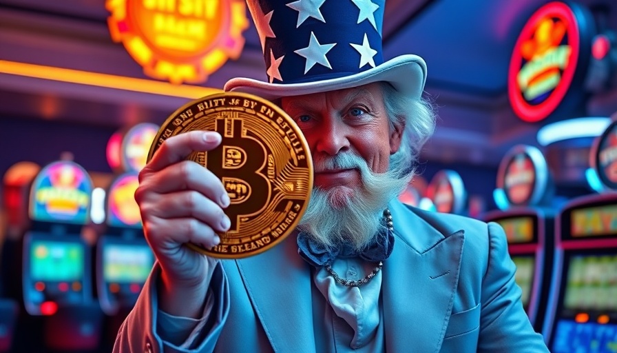 Person in Uncle Sam costume holding Bitcoin in a casino, Trump Strategic Bitcoin Reserve concept.