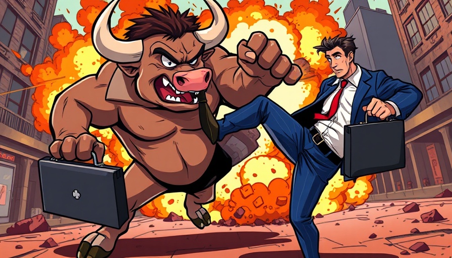 Dynamic cartoon bull with Bitcoin logo kicks businessman, best meme coins to buy.