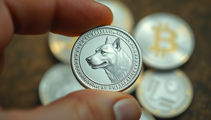 Hand holding Dogecoin with blurred Bitcoin coins in background.