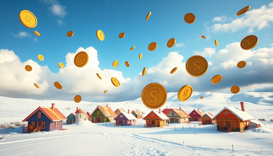 Whimsical scene of meme coins over a snowy village; buy meme coins.