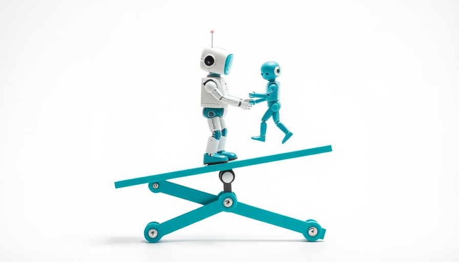 Retro robot and human balancing on seesaw, symbolic of AI impact.
