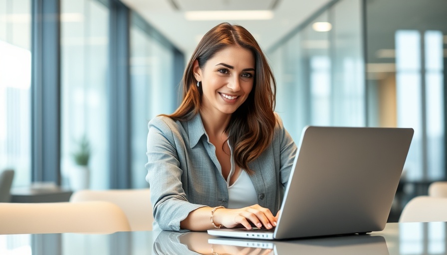AI in Clinical Writing: Woman using a laptop in modern office.