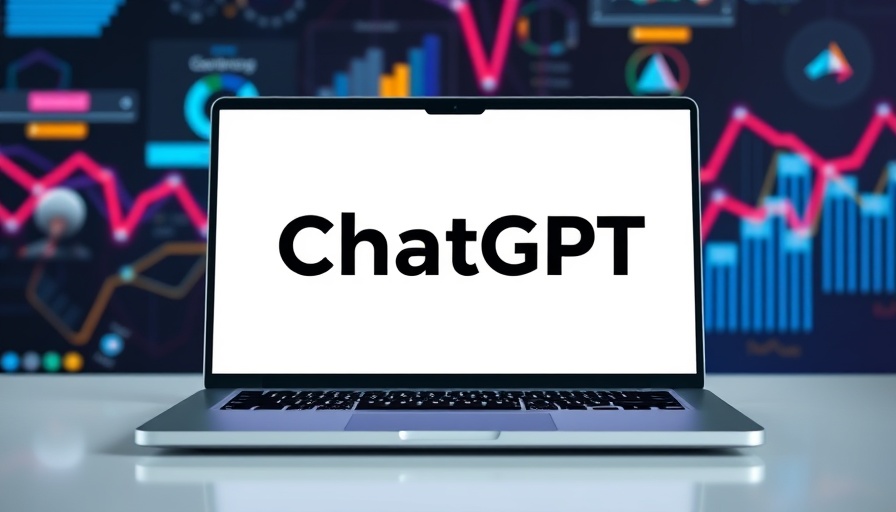 Modern laptop displaying 'ChatGPT', graphic design backdrop.