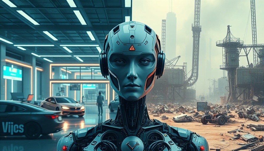 Futuristic AI world contrasting modern office and industrial wasteland.