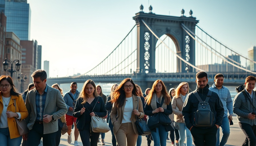 Diverse commuters on a city bridge representing jobs market.