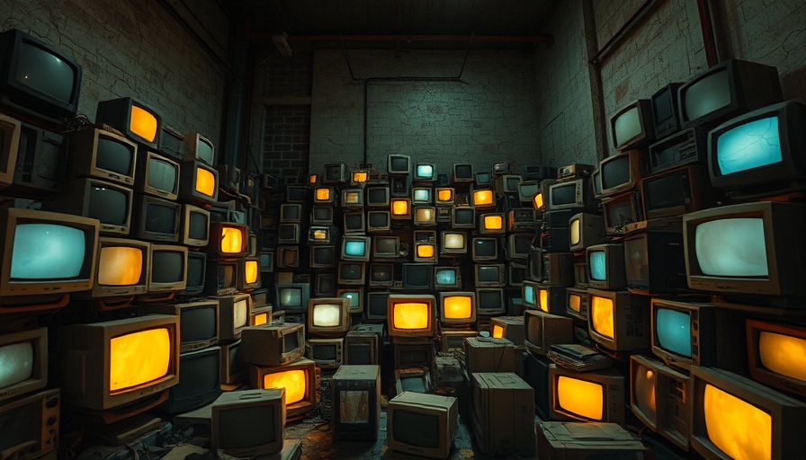Abandoned warehouse filled with vintage CRT monitors, AI-generated slop sites scene.