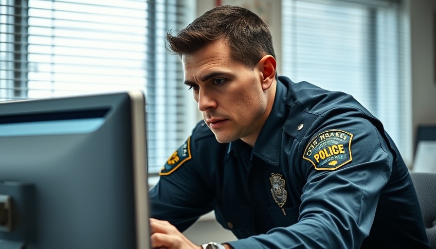 Police officer reviewing digital records in an office setting.