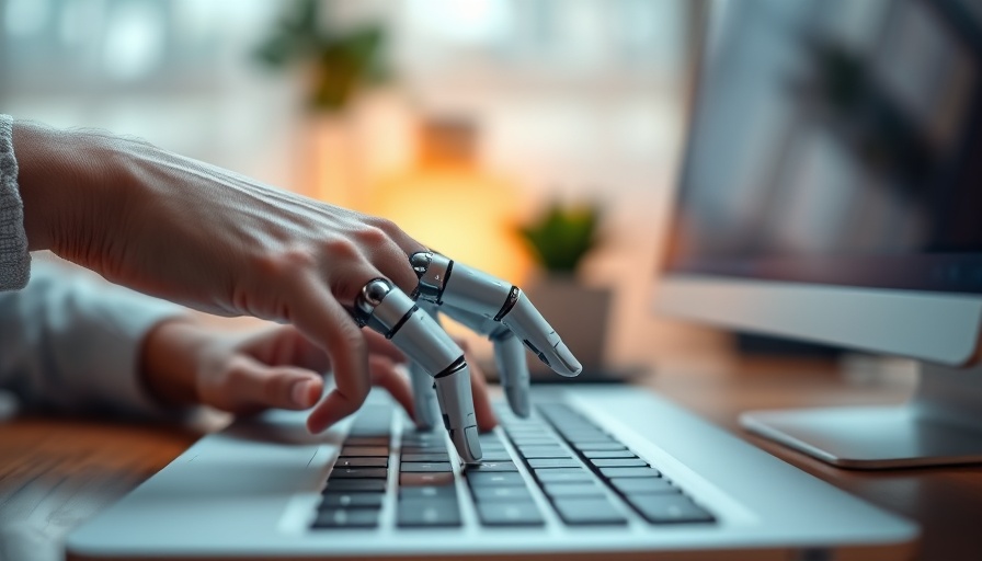 AI robotic hand collaborating with human keyboarding in office