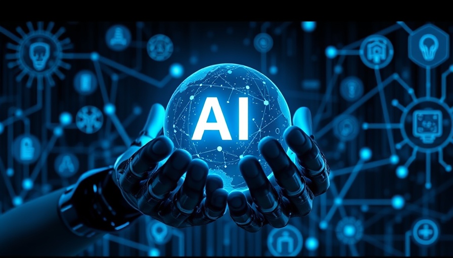 Futuristic AI detection interface with robotic hands and tech icons.
