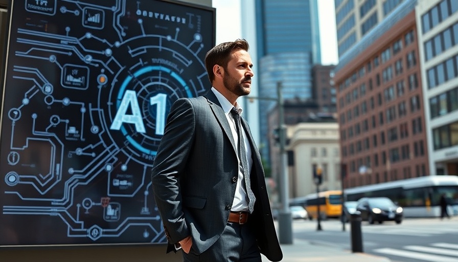 Businessman passes AI workforce poster in urban setting.