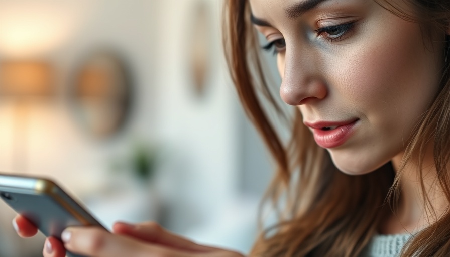 Woman using smartphone voice assistant with focus expression, illustrating em dash myths.