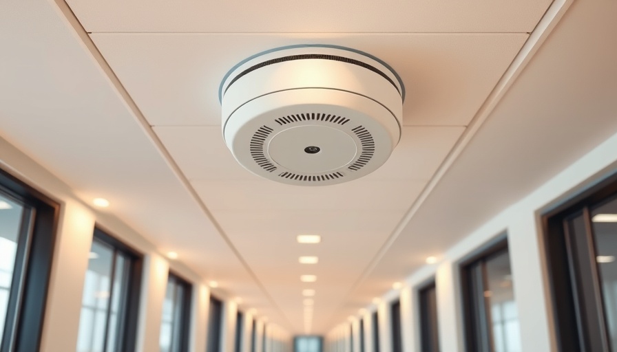 Ceiling-mounted monitored fire alarm in office hallway