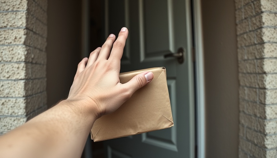 Hand reaching for package on doorstep, potential theft scenario.