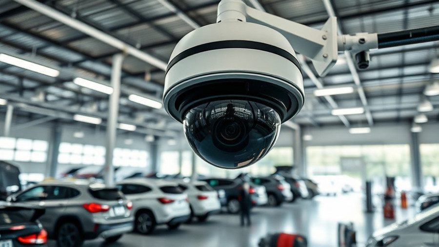 Surveillance camera in automotive dealership workshop for proactive security.