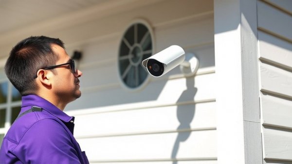 Professional installing smart home security camera on house exterior.