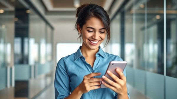 Smiling woman using smartphone in modern office, digital security concept.