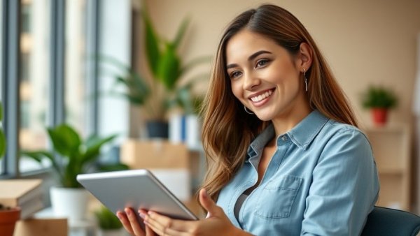 Confident woman using tablet in office, exploring smart home security solutions.