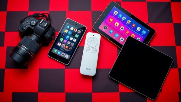 Modern tech gadgets displayed on red and black checkered background showcasing latest tech updates.