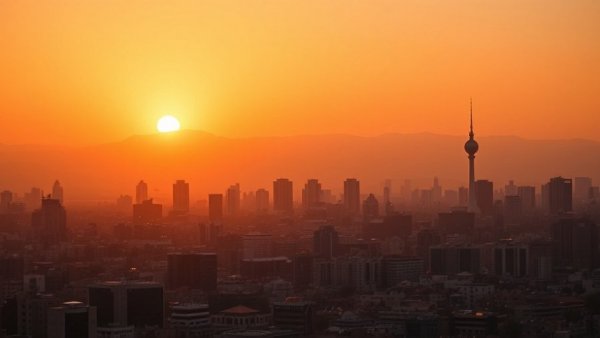 Tehran skyline at sunset highlighting water crisis issue.