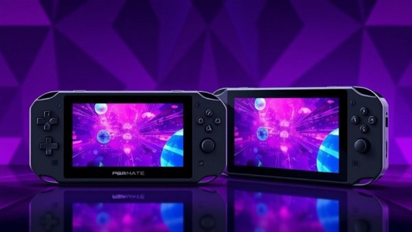 Futuristic Lenovo Legion Go 2 with sci-fi display, geometric background.