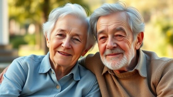 Older couple sitting outside, discussing Parkinson's disease environmental factors, warm sunlight.